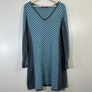 Krimson Klover Women's XL Teal Gray Wool Chevron Print V Neck Long Sleeve Dress